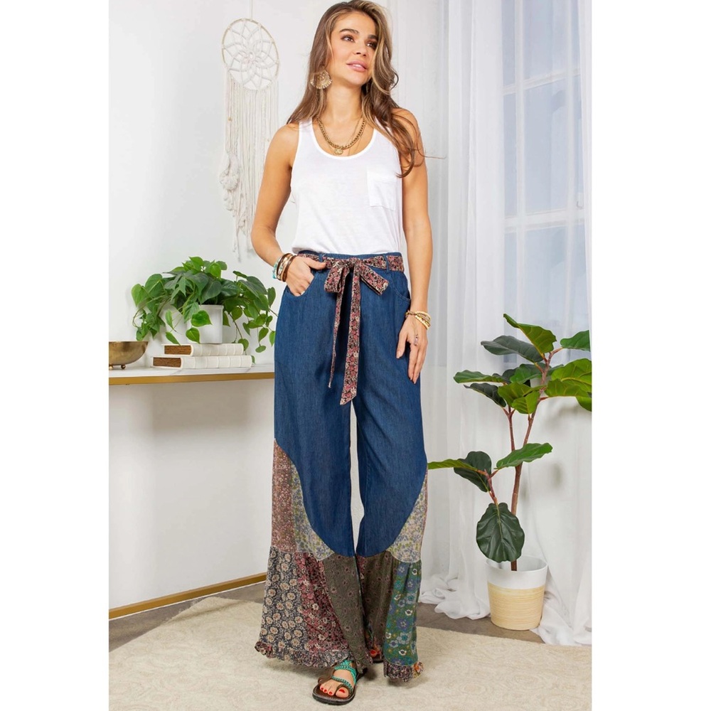 Young Threads Bohemian Blue Patchwork Wide-Leg Pants